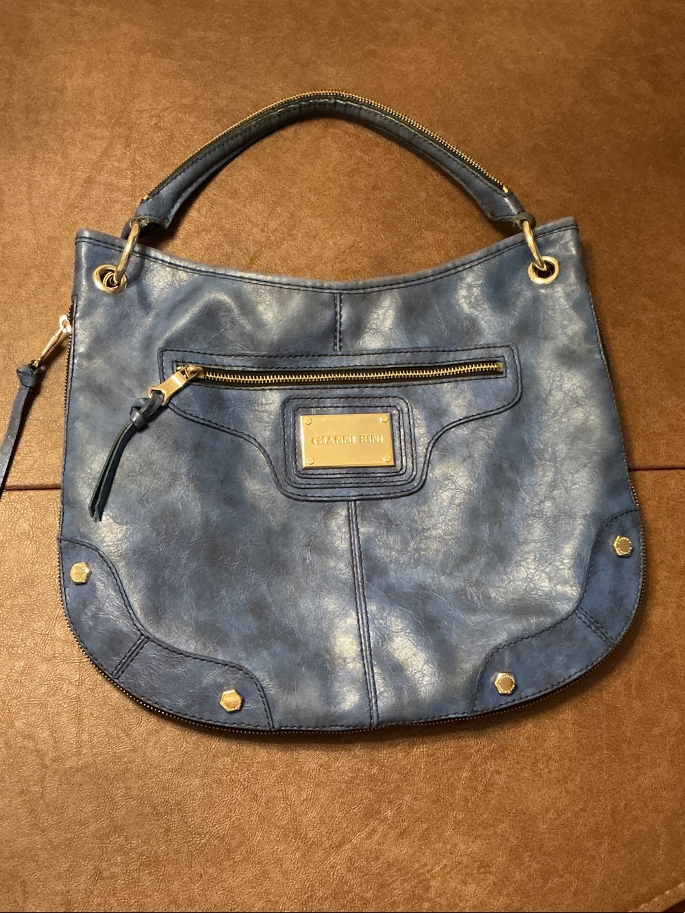Gianni Bini Blue Pebbled Leather Blue Shoulder Bag with Gold Hardware